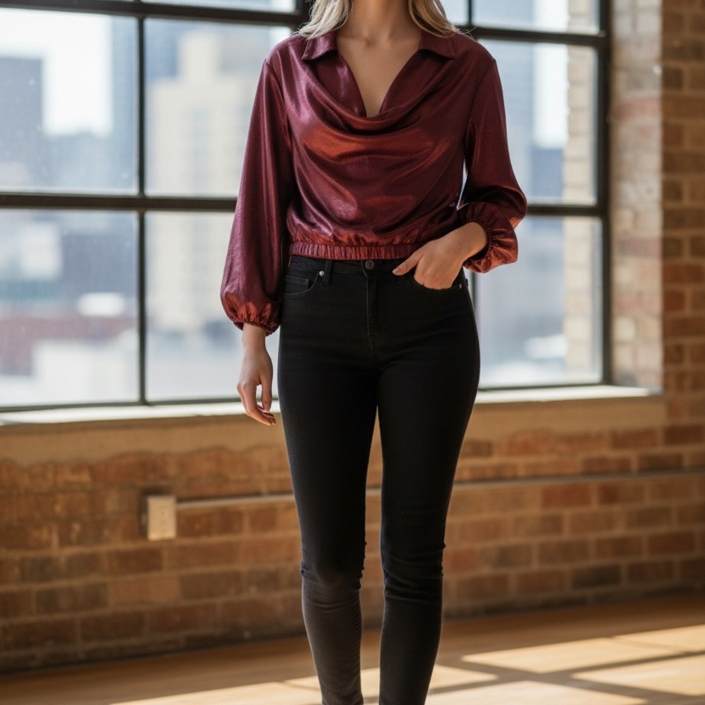 Commense Burgundy Satin Blouse